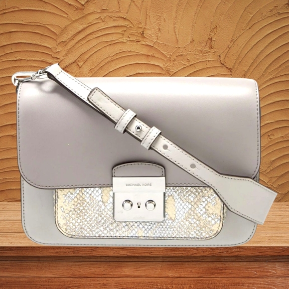 Michael Kors Sloan Gray and Cream Shoulder Bag With Snake Print - Picture 1 of 3